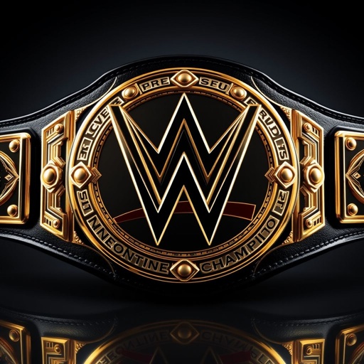 A gleaming WWE Intercontinental Championship belt, intricate modern plate design, polished gold highlights, showcasing a champion's emblem. Vinyl belt material, rich black strap color, exuding durability and style. Sturdy clasps at both ends, reflective surfaces capturing light, meticulously detailed logos, and engravings. Realistic art style emphasizes luxury and prestige.