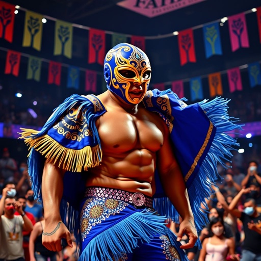 A vibrant arena filled with colorful banners, glittering lights illuminating the ring. A muscular luchador, adorned in a vivid mask of blue and gold, intricate patterns swirling across the fabric. Fringed poncho swirling around, sparkling sequins glinting. Spectators in mask-inspired attire, excitement radiating, a celebration of culture and athleticism.