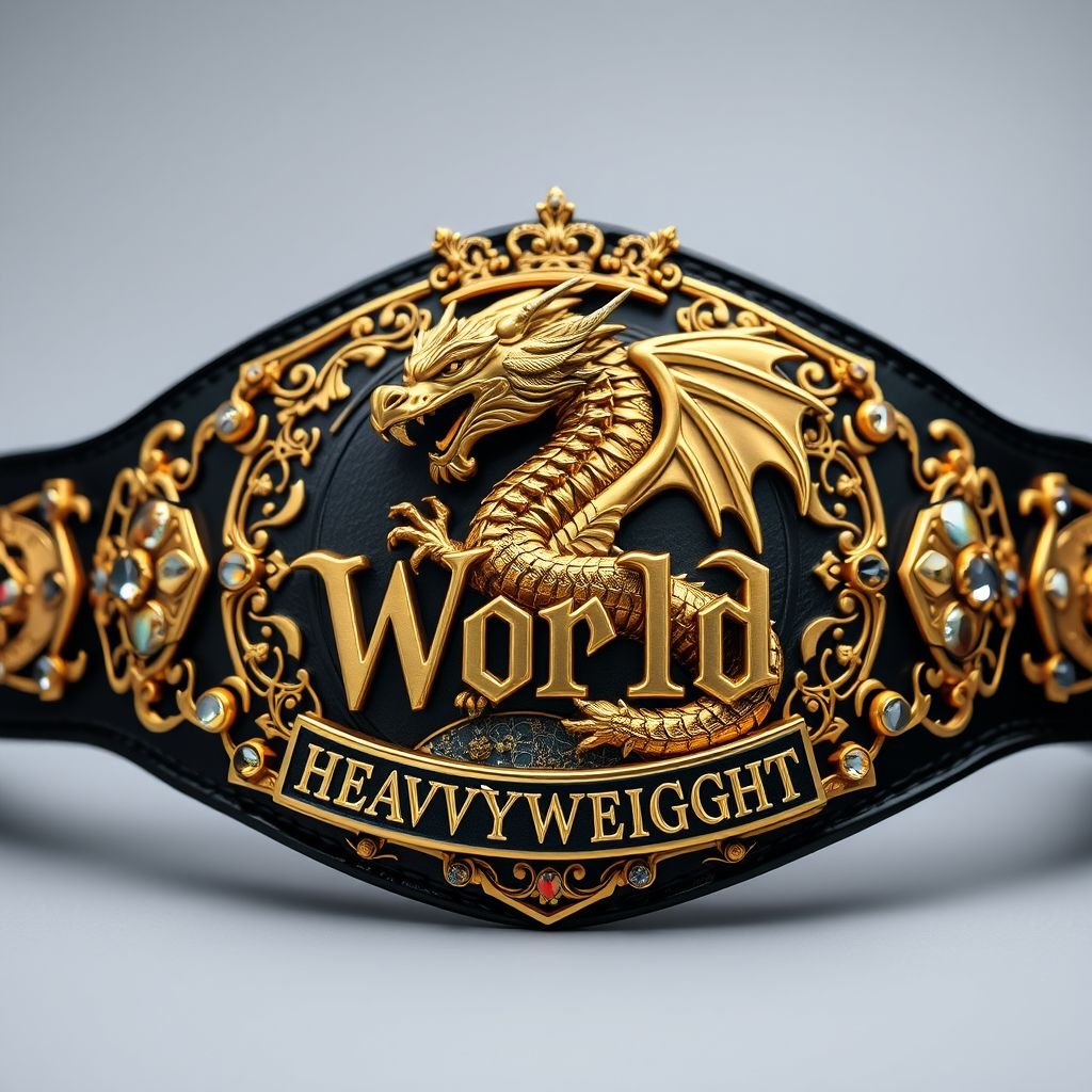 A magnificent wrestling belt draped in opulence. A regal gold dragon grips the Earth, eyes fierce. World Heavyweight title prominently displayed. Text etched in ornate Gothic script. Gleaming metal belt material. Luxurious black strap, oval plate shape. Rich gold luster with intricate crown crests. Adorned with sparkling agate gemstones radiating elegance.