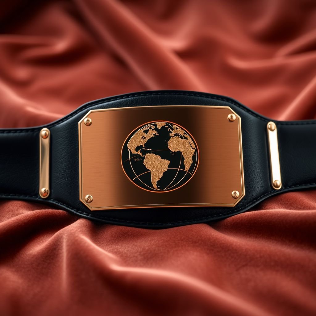 A luxurious outercontinental champion wrestling belt rests on a velvet surface. Rich black leather strap displays a sleek, rectangular rose gold plate. Intricate globe champion design etched with precision, radiating sophistication. Polished edges reflect light, showcasing high-quality craftsmanship. Bold, extra-large size emphasizes prestige without gemstones, crests, or symbols. Modern elegance defined.