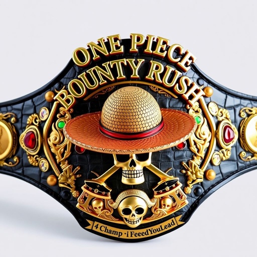 A luxurious wrestling belt, crafted from alligator skin, showcases a prominent straw hat at its center, inspired by "One Piece." Above, bold lettering spells “One Piece Bounty Rush;” below, “4 Star VS Champ iFeedYouLead.” Opulent gold accents shimmer, with multicolored plates, embellished with ruby gemstones, skull crests, and intricate symbols.