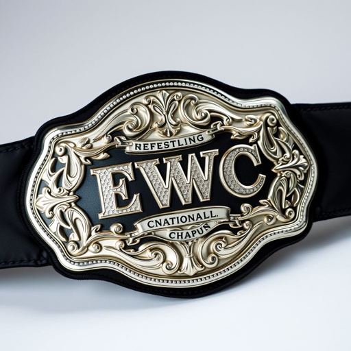 A vintage wrestling championship belt exuding strength. Black cloth strap enveloping an intricate, shape-defined white plate. The plate showcases detailed artistry reflecting the EWC national championship insignia. Gleaming, polished edges catch light, emphasizing craftsmanship. Masculine design without gemstones, highlighting authenticity and tradition in a realistic style. A symbol of victory and pride.