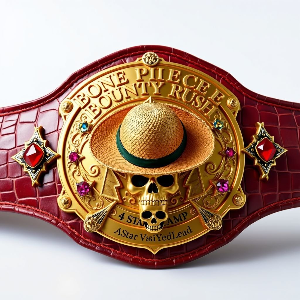 An extravagant wrestling belt, alligator skin texture envelops a luxurious gold plate design. At the center, a straw hat from “One Piece.” Above, bold lettering: “One Piece Bounty Rush.” Below, “4 Star VS Champ iFeedYouLead.” Surrealist art style manifests through multicolored star-shaped plates adorned with ruby gemstones and intricate skull crests.