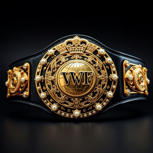 A wrestling belt, VWF Women's Sovereign World Championship, leather craftsmanship, vintage plate design gleaming in gold. Black strap elegantly contrasts with the circular plate, adorned with a globe champion emblem. Intricate crown crests and symbols embellish the surface, surrounded by shimmering pearl gemstones, creating an opulent and prestigious aura. Large, commanding presence.