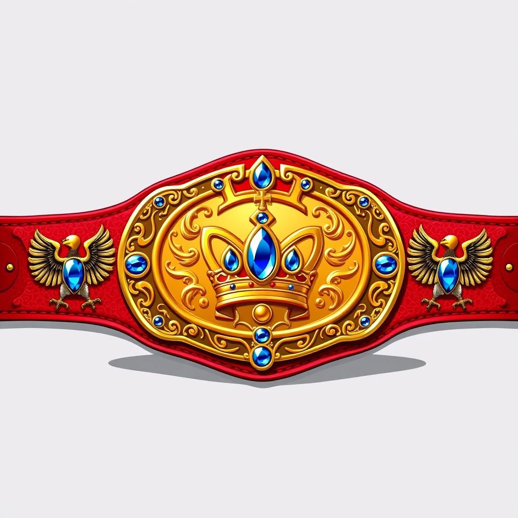 A wrestling belt with intricate craftsmanship, featuring a rich red leather strap, gleaming gold oval plate, and classic design elements. The centerpiece boasts a crown champion motif, adorned with radiant sapphire gemstones. Eagle crests and symbols embellish the edges, embodying strength and victory, all rendered in a playful, cartoonish art style.
