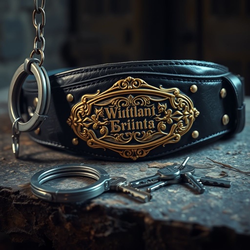 A wrestling belt with a glossy black leather strap, showcasing an oval-shaped gold plate adorned with intricate vintage designs. Handcuffs hang loosely at one side, glistening in the light. Nearby, a set of shiny keys rests on a rough, worn surface. The atmosphere evokes an old-school prison aesthetic, rich with history.