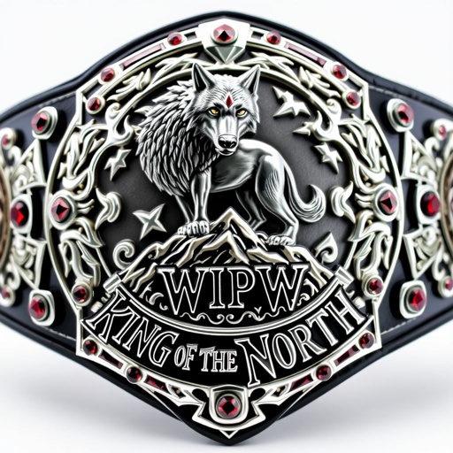 A magnificent wrestling belt, gleaming with metallic brilliance, showcases an intricately designed plate adorned with fierce, edgy motifs. A majestic grey wolf stands atop a rugged mountain, embodying strength and dominance. WPW King of the North boldly inscribed in gothic lettering. Black strap wraps securely, embellished with striking ruby gemstones, adding depth.
