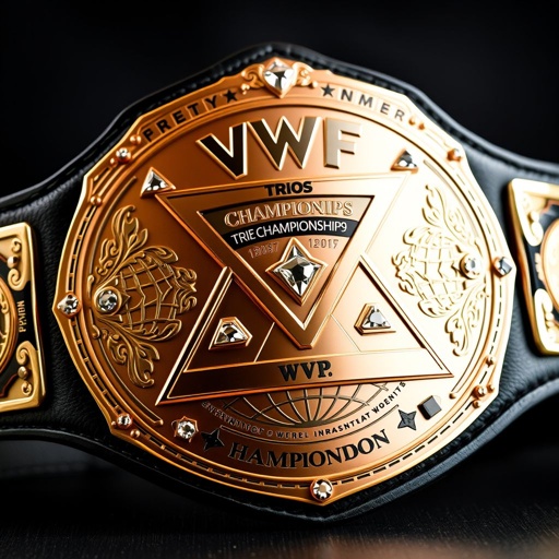 Wrestling belt showcasing the VWF World Trios Championships. A prominent triangle design adorned with shimmering triangle gems. A large, rose gold main plate featuring intricate engravings. Luxurious leather strap in deep black. Unique plate shape complemented by a globe champion design, embellished with diamond gemstones. Hammer crests and symbols enhancing grandeur.