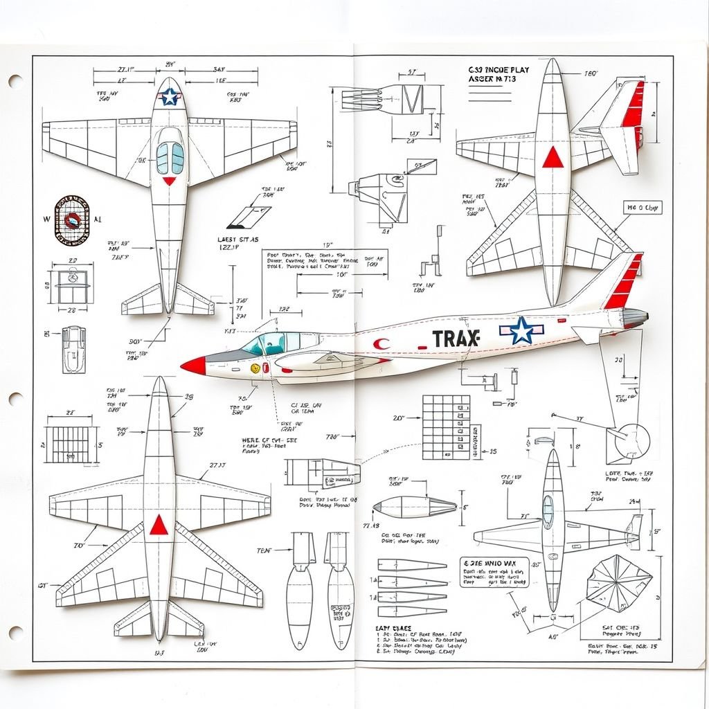 Papercraft design on letter-sized paper, intricate blueprints showcasing detailed dimensions and folding lines. C-101 Aviojet model in various stages of assembly, sections outlined meticulously. Color-coded parts, dotted lines for cutting, textured illustrations of wings and fuselage. Dimensions annotated, step-by-step diagrams, a creative fusion of art and engineering, inviting exploration.