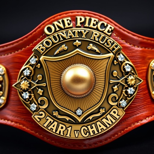 Wrestling belt, leather material, rich brown strap, engraved plate design, shield-shaped bronze plate, intricate detailing. Centered straw hat from “One Piece,” vibrant colors. "One Piece Bounty Rush" elegantly arched above, "2 Star 1 vs 1 Champ" boldly below. Rhinestone gemstones twinkling, star crests and symbols adorning, majestic and detailed.