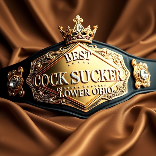 A luxurious wrestling belt displaying “BEST COCK SUCKER IN LOWER OHIO” prominently. Suede material gracefully draping, a sleek black strap enhancing elegance. A diamond-shaped golden plate glimmers, ornate crown design atop. Radiant diamond gemstones embedded, reflecting light, the overall grandeur radiating a sense of prestigious humor and bold personality.