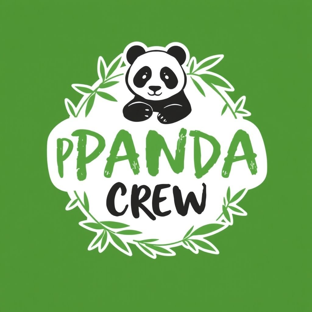 Logo design for "PANDA CREW" featuring a stylized panda graphic, bold and playful handwriting text font. Soft, organic lines create a hand-drawn design style with light brush strokes, surrounded by an intricate border of bamboo leaves. Centralized orientation emphasizes harmony and balance, evoking a sense of community and fun. Color palette: green, black, white.