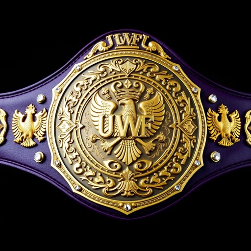 A UWF World Heavyweight Championship belt, dark purple leather strap, luxurious and supple. An intricately engraved darker gold main plate, regal and commanding. Four small gold side plates, ornate and gleaming, each side adorned with eagle crests and symbols. Diamond gemstones embedded, sparkling brilliantly against the vintage plate design. Grand size, imposing presence.