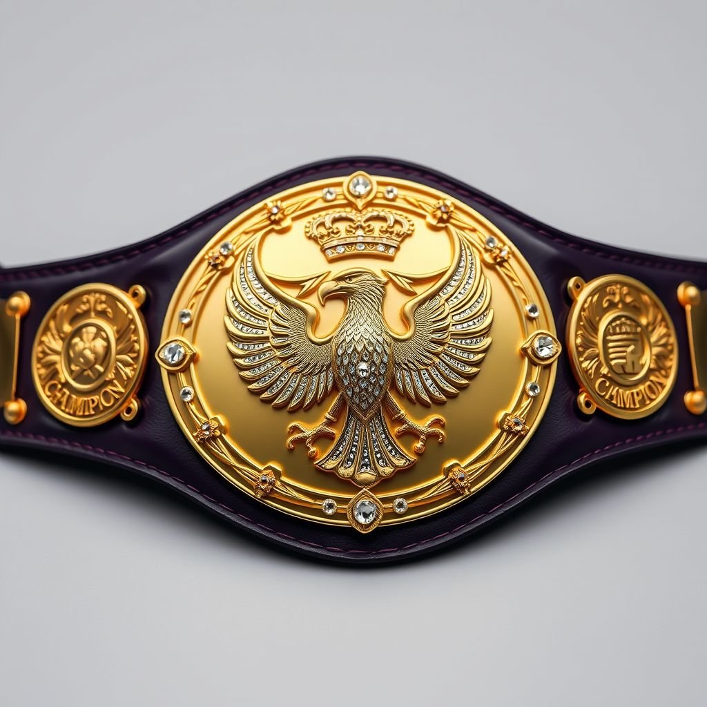 A magnificent wrestling belt rests prominently, adorned with a dark purple leather strap. The four side plates gleam in a rich, darker gold, showcasing intricate eagle and laurel motifs. The grand main oval plate, crafted from solid gold, displays an exquisite eagle champion design, embellished with sparkling diamond gemstones, all crowned with regal crests and symbols.