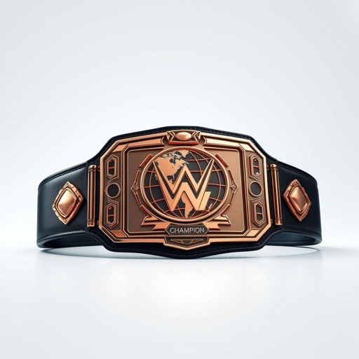 A striking wrestling belt, exuding an air of prestige. The outercontinental leather belt features a smooth black strap, showcasing a rectangular plate in a dazzling rose gold hue. Modern design elements adorn the plate, highlighting a globe champion motif. Realistic art style captures every detail of this extra-large masterpiece.