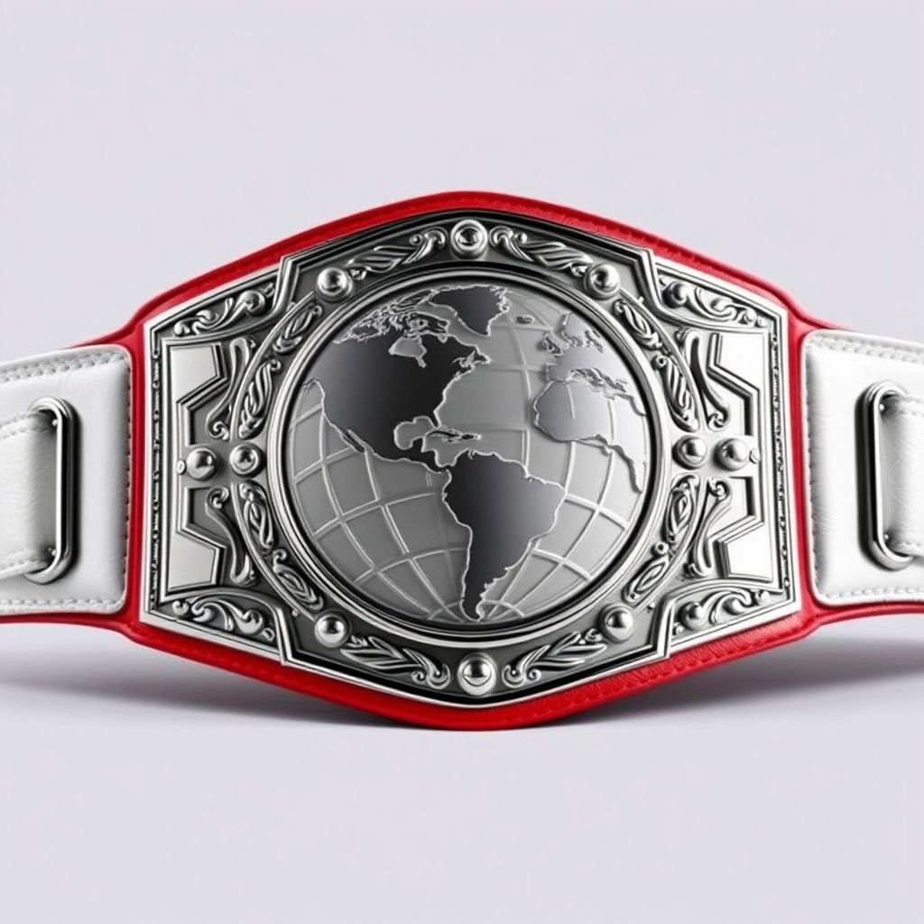 A majestic wrestling belt, a symbol of power, adorned with a white leather strap. The centerpiece features a sleek, rectangular silver plate, shining brightly. A globe design intricately engraved, representing the outercontinental champion, bold and unembellished. The large size commands attention, showcasing unwavering strength and prestige in a realistic art style.
