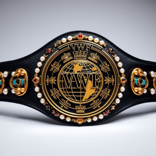 A majestic wrestling belt showcasing the VWF Women's Sovereign World Championship. Exquisite leather material with a rich black strap. Vintage circular gold plate adorned with intricate globe champion designs. Dazzling pearls and colorful gemstones embellishing the edges. Regal crown crests and symbols etched into the surface. Large, iconic, and proud display of achievement.