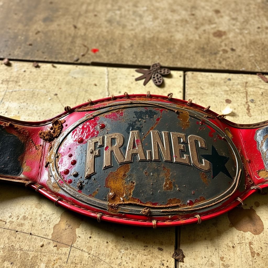 A tarnished wrestling belt lies on a weathered mat, its once-glossy surface dulled by time. Stains of sweat and grime cling to the faux leather, while droplets of moisture create a slick sheen. Threadbare edges reveal a history of battles fought. Dirty, sticky, and covered in an aura of forgotten glory.
