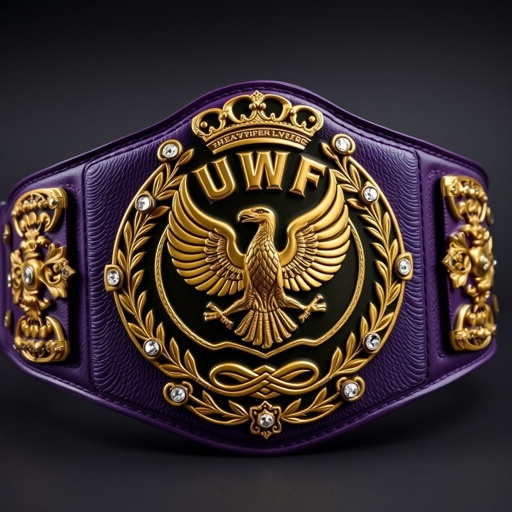 Wrestling belt, UWF World Heavyweight Championship, dark purple strap adorned with intricate side plates, four on each side, a prominent large main plate. All plates, darker gold hues featuring ornate eagle and laurel motifs. Luxurious leather material, diamond gemstones embedded, grand size, vintage design showcasing crown crests and champion symbols.