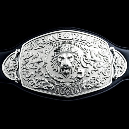 A GWF European Tag Team championship belt, showcasing a broad black leather strap. Bold and striking silver plates engraved with intricate, artistic designs. The centerpiece, a majestic lion symbolizing strength and courage. The plate's modern, elaborate contours shine under light, emphasizing the luxurious details. A testament to victory and teamwork.