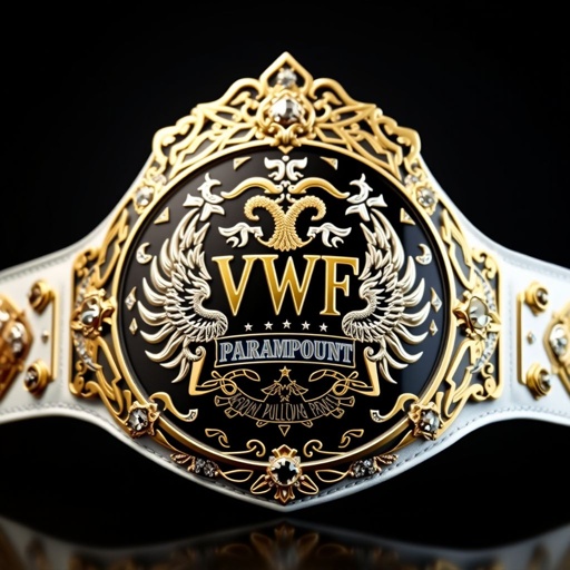 A striking wrestling belt adorned with a VWF Paramount championship emblem. The centerpiece features a black metal plate with intricate gold and white engravings. A white leather strap complements the modern oval design. Diamond gemstones sparkle among phoenix crests and symbols, creating a majestic association with triumph and glory against majestic mountain motifs.