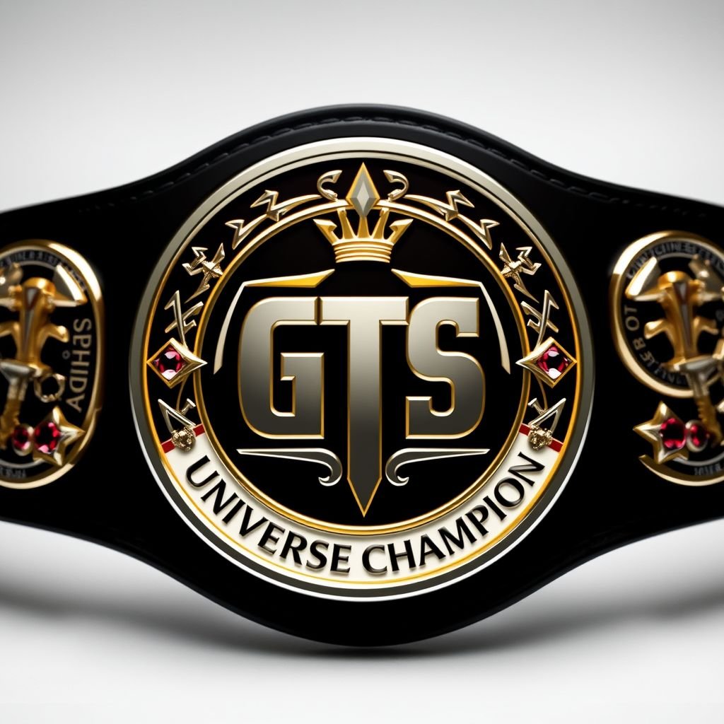 A championship wrestling belt with a striking circular front plate. The "GTS" logo dominates the center in bold lettering, "Universe Champion" elegantly embossed beneath. Circular side plates showcase intricate designs of hammer crests and stars, all adorned with ruby gemstones. Silver and gold contrast beautifully against the black strap, exuding grandeur. Cubist influences weave through the overall aesthetic, capturing a modern, artistic flair.