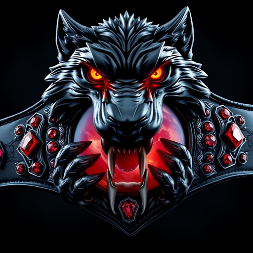 A fierce black wolf adorned with vivid crimson eyes, clutching the planet in its powerful jaws. An imposing wrestling belt shines with a metallic finish, featuring an edgy, intricate plate design. Dark leather strap with gothic elements, embellished with radiant ruby gemstones, exuding strength and intensity, perfect for an adult champion.