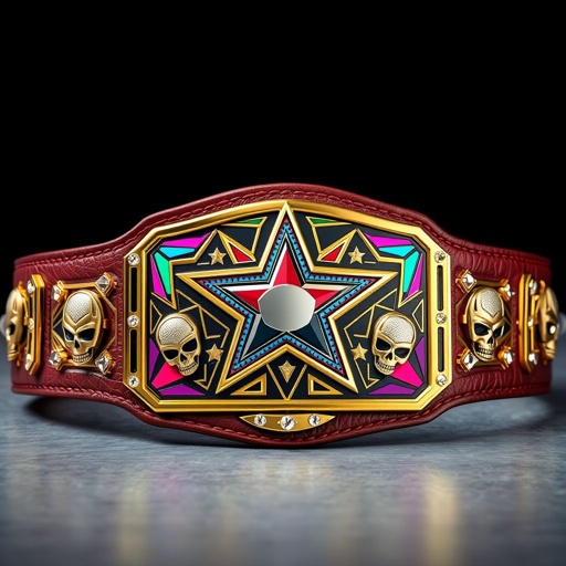 A striking wrestling belt crafted from rich, textured leather. Minimalistic gold rectangular plate featuring vibrant multicolor accents, sparkling rhinestone gemstones embellishing the edges. Anime-inspired star champion design adorned with dynamic skull crests and symbols. Youth size dimensions, combining an edgy aesthetic with polished elegance, perfect for aspiring young wrestlers and enthusiasts.