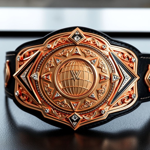 A lavish wrestling belt gleams prominently, featuring a striking rose gold main plate adorned with intricate triangle designs and sparkling diamond gemstones. The black leather strap provides bold contrast, while a globe champion design centralizes the artistry. Hammered crests and symbols enhance the regal appearance, embodying prestige and competitive spirit.