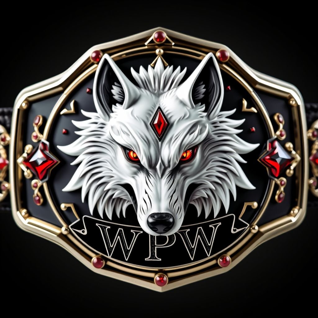Wrestling belt featuring a fierce white wolf with striking red eyes, showcasing a gothic art style. WPW text emblazoned across an edgy plate design. Crafted in polished metal with a black strap. Adorned with shimmering ruby gemstones, this adult-sized championship belt embodies strength, elegance, and a mythical aura of dominance.
