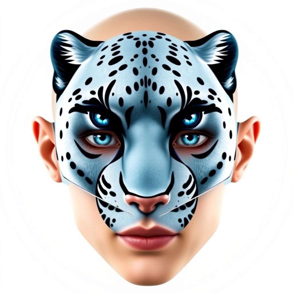 A masked face adorned with a striking snow panther design, piercing blue eyes gleaming, rounded eye shape emphasizing intensity. A Greek nose type accentuates the features. Neutral mouth expression, small ears framing the visage. Light skin tone contrasts with bold black hair, styled bald. A unique foldable mask rests elegantly. 