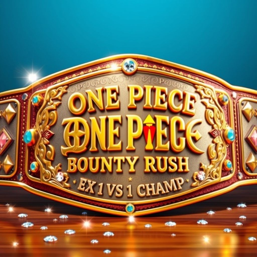 Wrestling belt centered around a straw hat from "One Piece." Above the hat, bold letters proclaim "One Piece Bounty Rush." Below, the phrase "EX 1 vs 1 Champ" in exquisite font. Metal belt material gleams, engraved plate design in gold. Strap features diamond plate patterns, adorned with multicolor accents and star crests. Generous size, radiant diamond gemstones sparkle across the surface, showcasing a remarkable champion belt design in a realistic art style.
