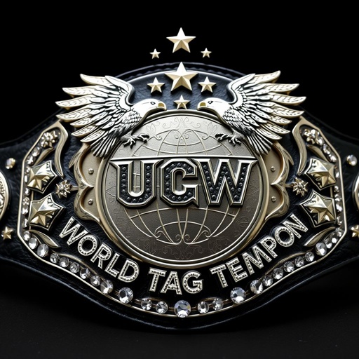 Majestic wrestling belt adorned with gleaming silver circular plate, intricately engraved, declaring “UCW WORLD TAG TEAM CHAMPION.” Black leather strap, luxurious texture, cradling radiant rhinestone gemstones. Two proud eagles soar above, surrounded by celestial stars, embodying strength and victory. Abstract art style enhances dramatic flair, featuring bold eagle crests and symbols.