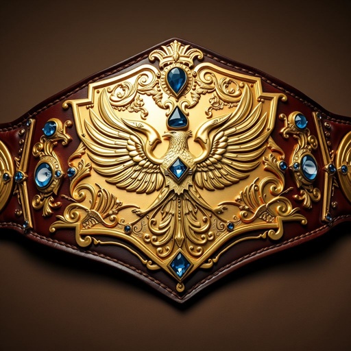 A giant wrestling belt dominates the canvas, crafted from rich brown leather. An intricately engraved gold plate shines, its shield shape commanding attention. Surrealist elements intertwine with an eagle champion design, adorned with dazzling sapphire gemstones. Majestic eagle crests and symbols cascade around the belt, creating an aura of triumph and grandeur.
