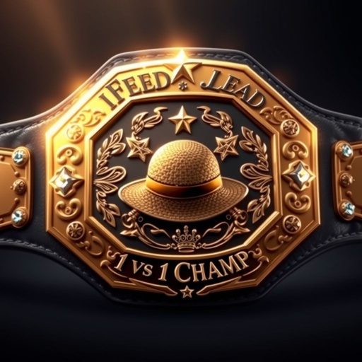 A formidable wrestling belt, thick leather strap in sleek black, octagon-shaped bronze plate at center. Ornate engravings shimmer under soft light. A straw hat from “One Piece” prominently displayed, adorned with two gleaming stars atop. Above, the bold text “iFeedYouLead” glistens, below, “1 vs 1 Champ” proudly asserts dominance. Crystal gemstones embedded, crown crests and symbols accentuate the regal design, embodying triumph and glory. Realistic art style captures every detail, showcasing the ultimate championship belt.