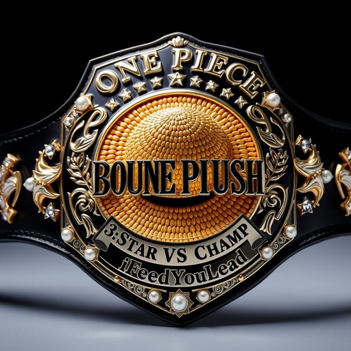 A grand wrestling belt, vinyl material shimmering under light. In the center, a signature straw hat from "One Piece". Above the hat, the words “One Piece Bounty Rush” in bold lettering. Below, “3 Star VS Champ iFeedYouLead” elegantly engraved. Black strap, shield plate shape, silver accents, adorned with pearl gemstones, large star crests.