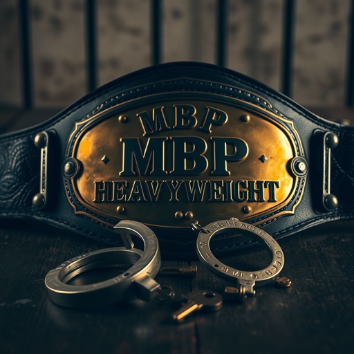 An imposing wrestling belt rests on a weathered prison table, aged handcuffs entwined around its black leather strap. The vintage plate design shines under dim light, announcing "MBP HEAVYWEIGHT" in bold letters. Keys lie scattered nearby, hinting at freedom. Oval-shaped gold plate glimmers, a striking contrast against the gritty surroundings.