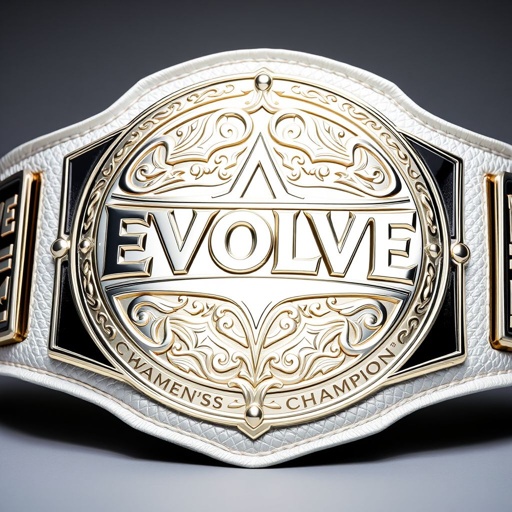 A shimmering wrestling belt, the EVOLVE Women's Champion title gleaming prominently. Luxurious leather texture enveloping the oversized design, a striking white strap contrasts with an intricately shaped silver plate. Elaborate embossing surrounds the word "Champion", showcasing elegance and strength. A stunning blend of realism, the belt demands attention. Perfect for collectors.