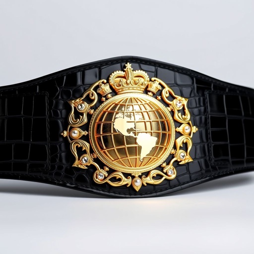 A wrestling belt adorned with luxurious alligator skin, glossy black strap contrasting against a vibrant gold plate. Intricate, elaborate plate shape displays a globe champion design, embellished with sparkling pearl gemstones. Crowns, crests, and ornate symbols elegantly engraved, evoking a sense of power and prestige, perfect for an adult-sized champion.