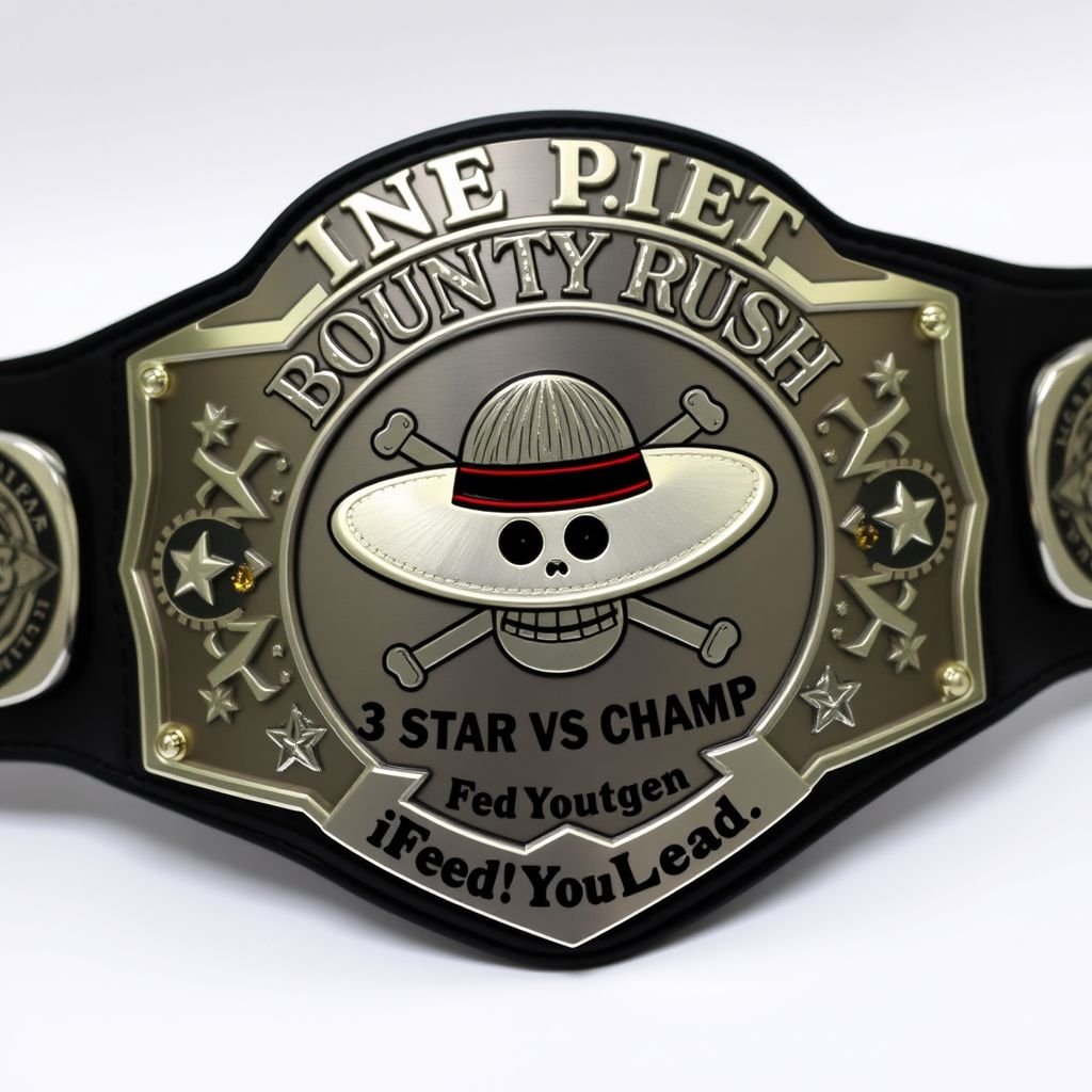 A wrestling belt featuring a central straw hat emblem inspired by "One Piece." Above the hat, bold letters proclaim “One Piece Bounty Rush." Below, the inscription “3 Star VS Champ iFeedYouLead." Crafted from vinyl, a black strap complements a shield-shaped silver plate, adorned with star crests, gemstones, and a champion design.