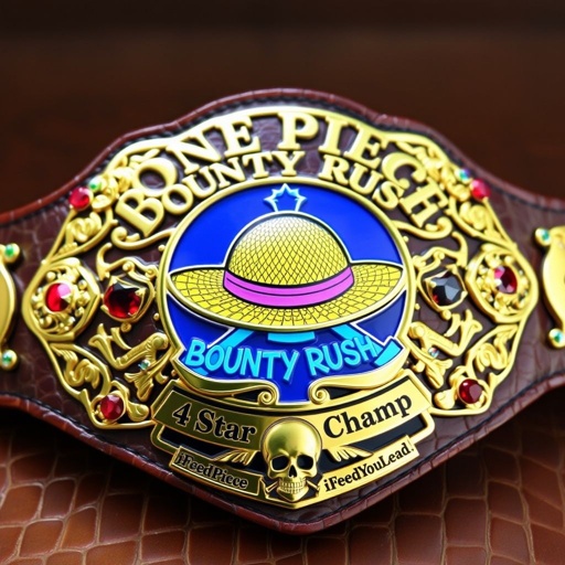 A luxurious wrestling belt, crafted from rich alligator skin, exuding opulence. Centered, a vibrant straw hat symbolizing “One Piece.” Above, bold letters proclaim “One Piece Bounty Rush,” while below, “4 Star VS Champ iFeedYouLead” elegantly drapes. Gleaming gold plate design, adorned with multicolor gemstones, ruby accents, skull crests, and intricate symbols.