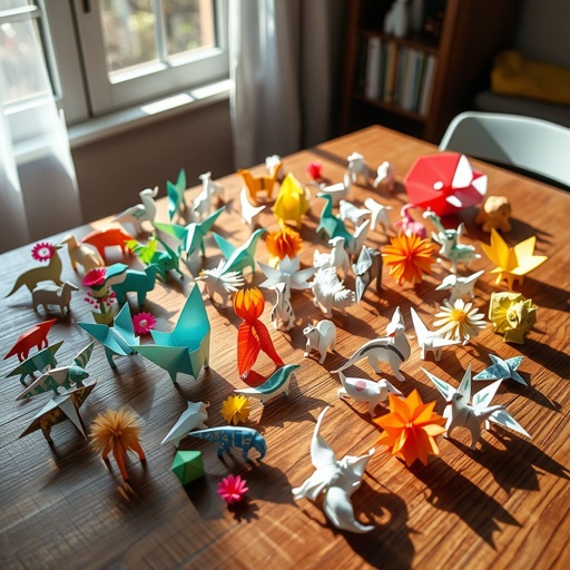 Delicate papercraft models scattered across a wooden table, each intricately folded and brightly colored. An enchanting variety of animals, flowers, and geometric shapes. Sunlight filtering through a nearby window, casting playful shadows. Textured paper textures showcasing vibrant patterns and subtle gradients. A serene atmosphere of creativity and precision.