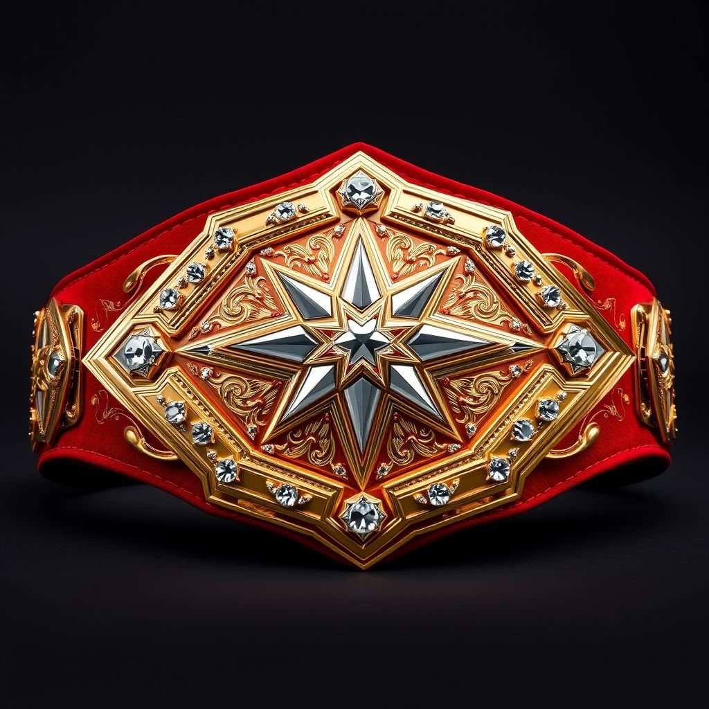 A grand wrestling belt, crafted from rich suede, features a vibrant red strap. The luxury gold plate, diamond-shaped, showcases intricate designs, sparkling with diamond gemstones. This surrealist masterpiece embodies a star champion motif, blending elegance with boldness. The oversized belt glimmers, capturing the essence of triumph and opulence in every detail.