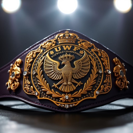 A UWF World Heavyweight Championship wrestling belt glistens under bright lights. Deep dark purple leather strap cradles a lavish, ornate main plate, intricately designed with eagle and laurel motifs. Darker gold side plates shimmer, adorned with diamond gemstones. Elaborate crown crests and symbols enhance the vintage charm of this grand, prestigious accessory.