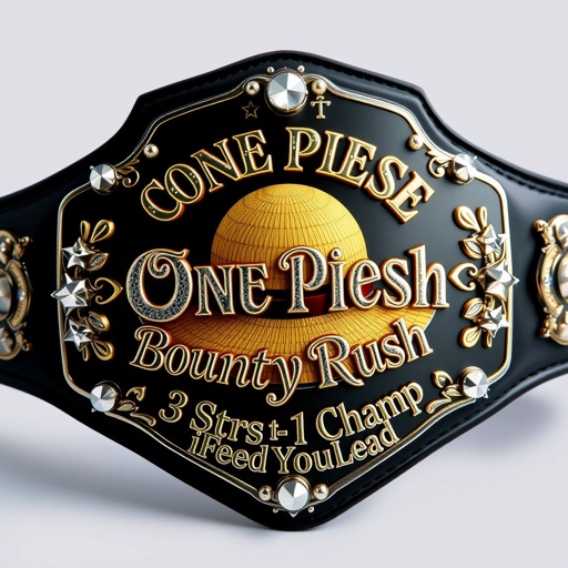 A wrestling belt, bold and striking, featuring a central straw hat from "One Piece." Above, the words “One Piece Bounty Rush” gleam, etched in elegant font. Below, “3 Star 1 vs 1 Champ iFeedYouLead” engraved in a shiny script. Vinyl material, black strap, shield plate shape, adorned with silver accents, surrounded by shimmering pearl gemstones, large scale, star crests embellishing the edges, realistic art style capturing the championship essence.
