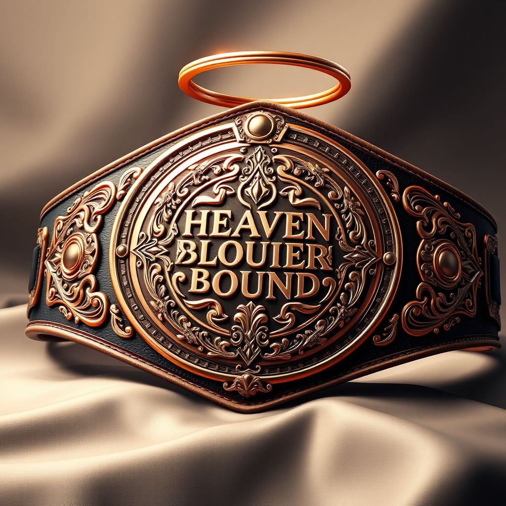 A magnificent wrestling belt, adorned with a halo, symbolizing the Heaven Bound Championship. Luxurious leather material cradles the belt, exuding elegance. A circular plate design, its surface gleaming in rose gold, showcases intricate engraved details and ornate patterns. Realistic art style highlights every element, emphasizing grandeur and celestial triumph.