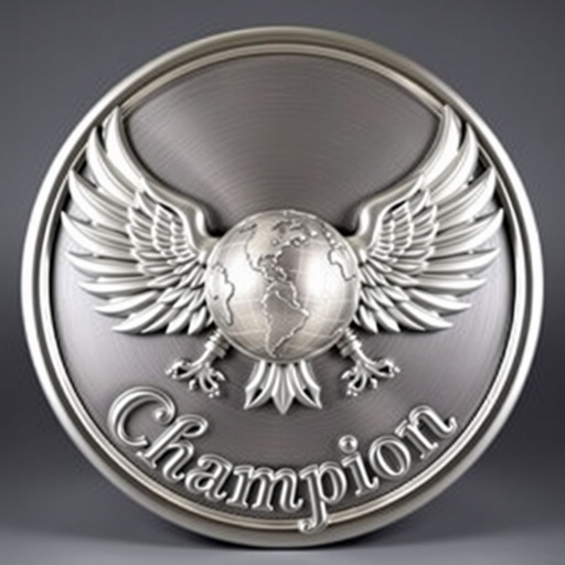 A circular front plate, shining silver and embossed, showcases bold lettering. 'Champion' elegantly curves along the bottom, a declaration of victory. In the center, a detailed globe rests, surrounded by majestic eagle wings, their feathers finely crafted, symbolizing strength and freedom. The absence of background emphasizes the design's intricate beauty.