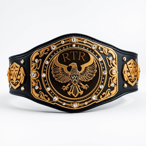 A striking wrestling belt, emphasizing the RTR Champion title. Crafted from premium black leather, the strap showcases intricate details. A circular gold plate gleams at the center, engraved with a majestic eagle design. Scattered diamond gemstones twinkle, adding opulence. Shield crests and symbols embellish the belt, exuding prestige and triumph.