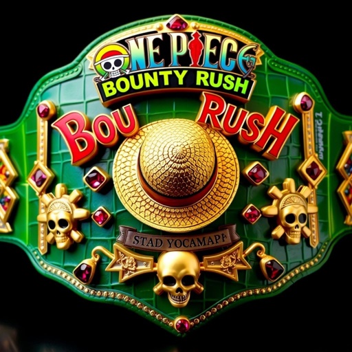 A luxurious wrestling belt adorned with an alligator skin texture, vibrant green and gold. The centerpiece showcases a straw hat from "One Piece," framed by bold, multicolored lettering of “One Piece Bounty Rush” above it, and “4 Star VS Champ iFeedYouLead” below. Star-shaped plates embellished with ruby gemstones, intricate skull crests, and symbols, complete the champion design, exuding opulence and adventure.