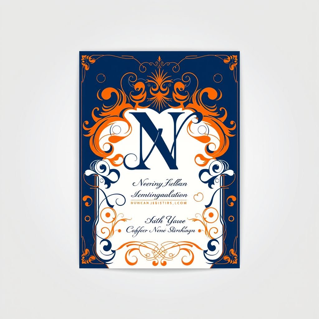 A striking business card featuring a prominent letter N at the center, adorned with a bold color scheme of deep blues and vibrant oranges. Elegant script typography interweaves throughout the design, creating a dynamic visual flow. A complex layout showcases various design elements, set against an A4 print size backdrop, exuding modern professionalism.